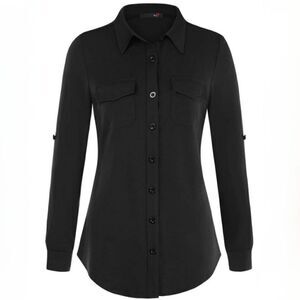 DJT Women’s Roll-Up Long Sleeve Solid Black Women’s Collared Button-Down Shirt